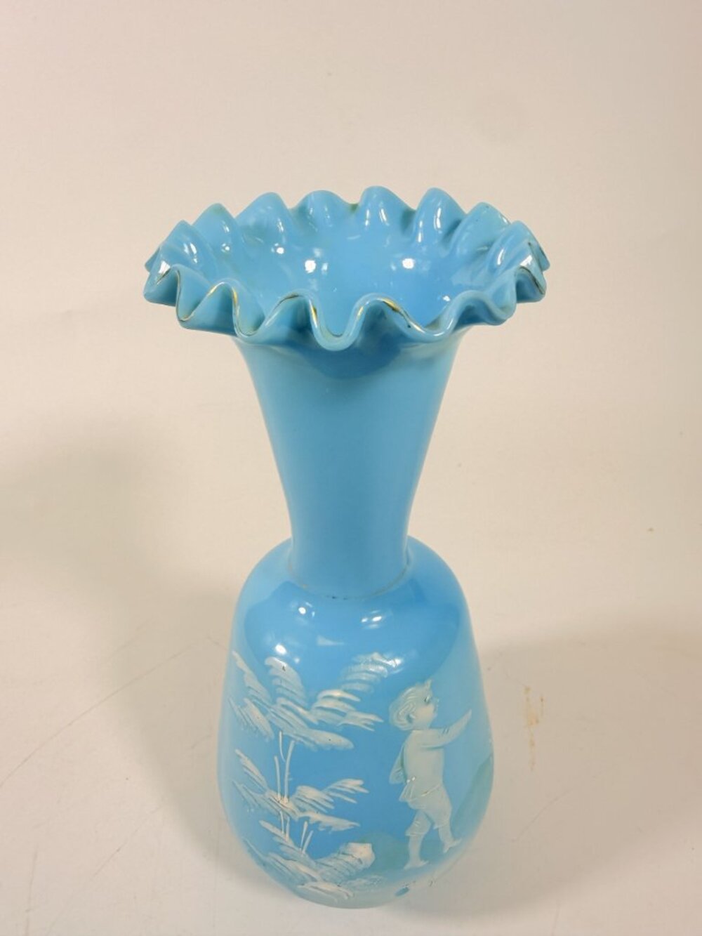Glass Vase Mary Gregory White Enameled Silhouette Boy Westmorland Hand Painted V - Picture 3 of 16